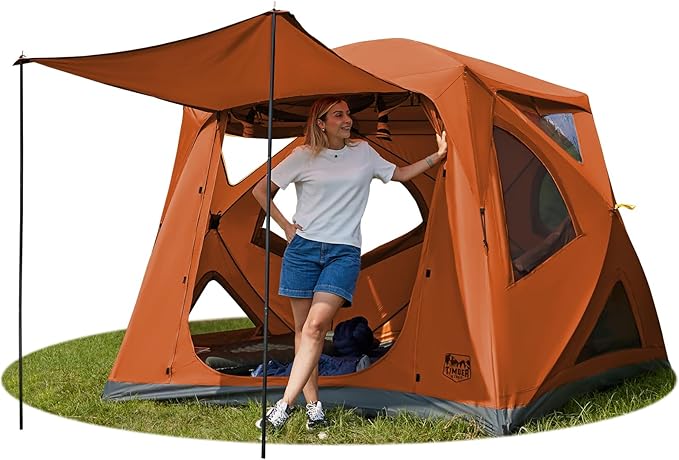 TIMBER RIDGE Camping Tent, 4 Person Instant Pop Up Hub Tent with 8 Windows, Easy 60 Second Setup, Weather Resistant Family Cabin Tents with Rain Fly for Camping, Hiking, Outdoor Travel