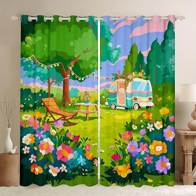 Erosebridal Happy Camping Window Drapes Camper Blackout Curtains 42" Wx90 L Rv Camper Curtains for Bedroom Living Room,Spring Camping Themed Floral Window Treatments 2 Panels