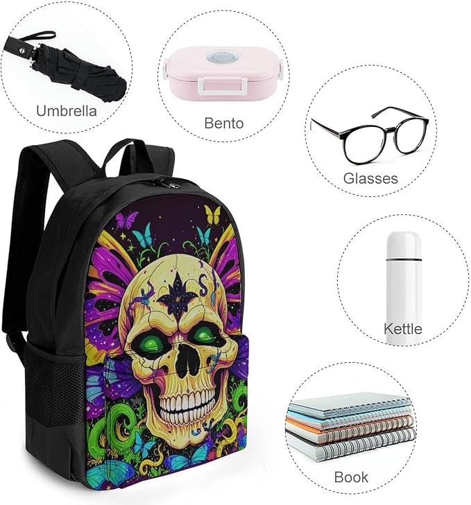 Rucksack Polyester Anti-Theft Multipurpose Skull And Butterflies Carry On Bag Large Capacity Travel and Sport Backpack Rucksack With Smooth Zippers