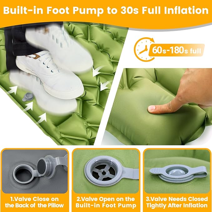 Ultralight Double Sleeping Pad for Camping, 4" Thick Inflatable Camping Mat with Built-in Foot Pump & Pillow for Backpacking, Hiking, Travel, Tent, Car