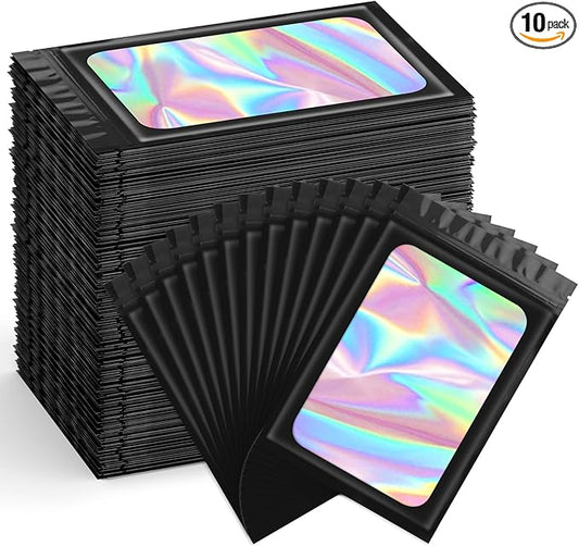 Funfery 300 Pack Smell Proof Resealable Bags for Food Storage,Holographic Bags 4x6 Black Mylar Clear Packaging Bag- Scent Proof for Cookies, Zip Foil Pouch for Small Business, trading card