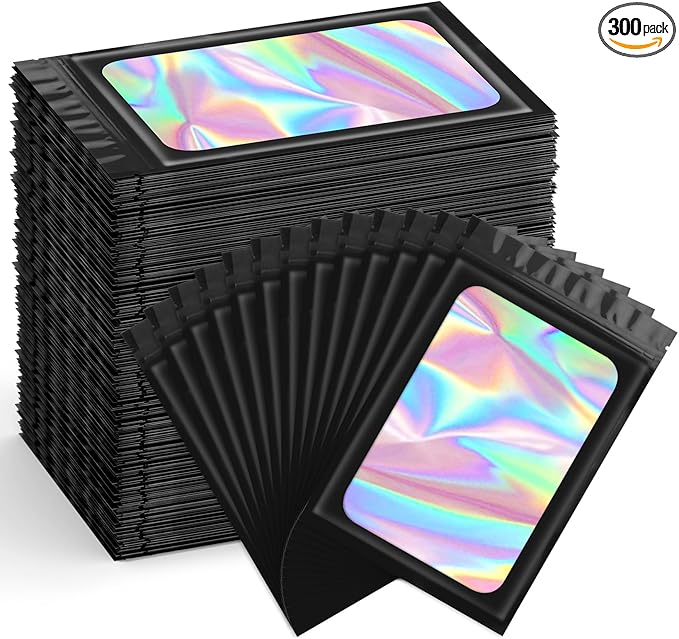 Funfery 300 Pack Smell Proof Resealable Bags for Food Storage,Holographic Bags 3.1x5.1 Black Mylar Clear Packaging Bag- Scent Proof for Cookies, Zip Foil Pouch for Small Business