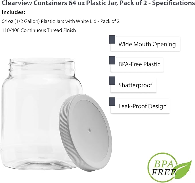 Plastic Storage Jars with Leak Proof Lids, BPA Free, Hand Wash Only (64oz, 2PK White)