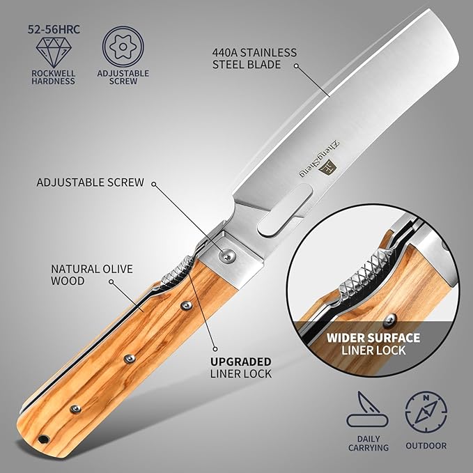 Folding Chef Knife with Leather Pouch 4.8” Sharp 440A Stainless Steel Blade Olive Handle Pocket Foldable Japanese Style Kitchen Knife for Outdoor Camping BBQ trip Cooking.