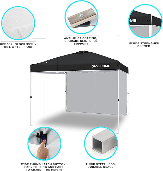 OASISHOME Pop-up Portable Outdoor Canopy Tent 10'x10' Instant Gazebo, with 1 Sidewall, Carry Bag, Stakes, Ropes, for Outdoor/Beach/Patio/Wedding Parties and Commercial Events (10FTx10FT, Black)