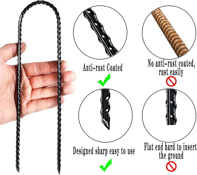 10-Inch Trampoline Stakes Heavy Duty U Shaped Rebar Ground Stakes Ground Anchors for Sporting Goods Security, House Construction (24)
