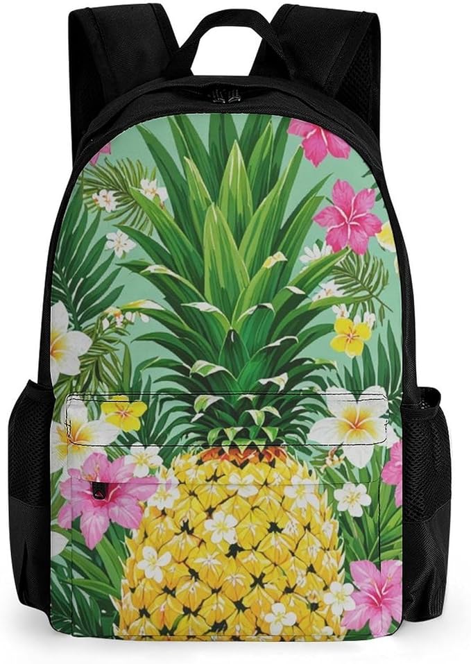 Men Women Polyester Hawaiian Pineapple Flowers Floral Backpack Large Capacity Bookbag With Smooth Zippers for Climbing Picnic Bicycle