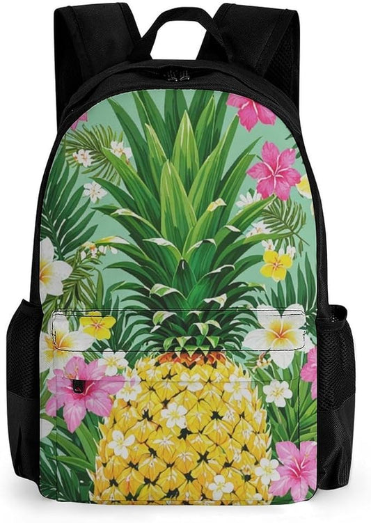 Men Women Polyester Hawaiian Pineapple Flowers Floral Backpack Large Capacity Bookbag With Smooth Zippers for Climbing Picnic Bicycle