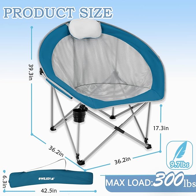 #WEJOY Folding Camping Chair Oversized Moon Chairs for Adult Support Up to 300lbs Mesh Saucer Chairs with Headrest and Cup Holder for Camping,Lawn,Hiking,Picnic,Sports(Cyan/Grey)