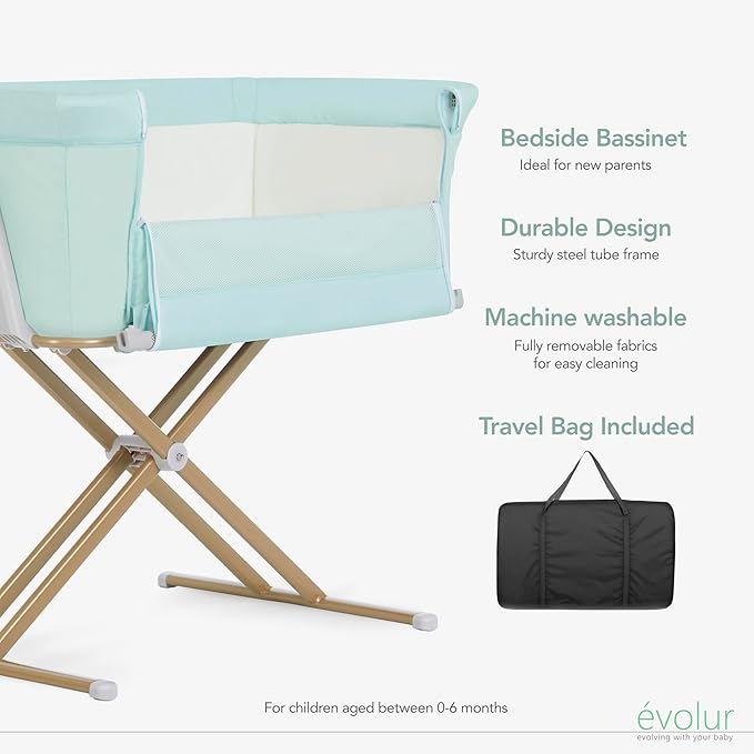 Evolur Orabelle Baby Bassinet & Bedside Sleeper, Breathable Mesh Sides, Plush Mattress Pad with Removable Cover, Tool-Free Assembly, Quick Foldable Steel Frame Compact Design with Travel Bag – Mint