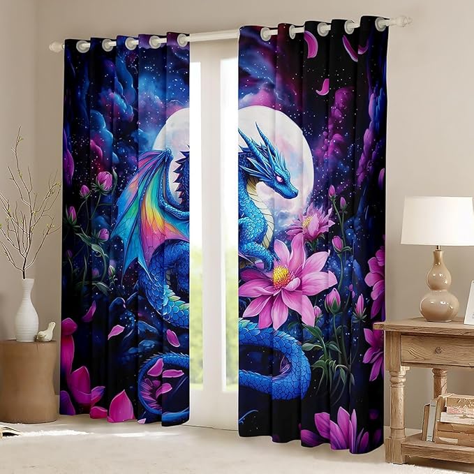 Manfei Blue Dragon Blackout Curtains Pink Lotus Flower Window Drapes,Cartoon Wild Animal Theme Window Treatments,Kids Boys Girls Room Decor,Grommet Top 2 Panel Set Bedroom Curtains, 42Wx63L inch