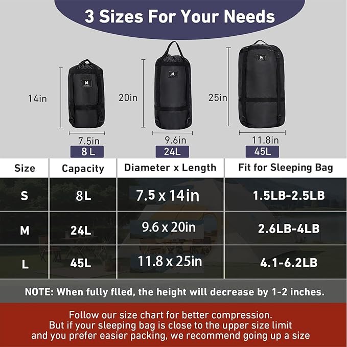 Compression Sack,8L/24L/45L Compression Stuff Sack,Water Resistant Sleeping Bag Carrier Lightweight Nylon Storage Sack-Space Saving Gear for Camping, Hiking