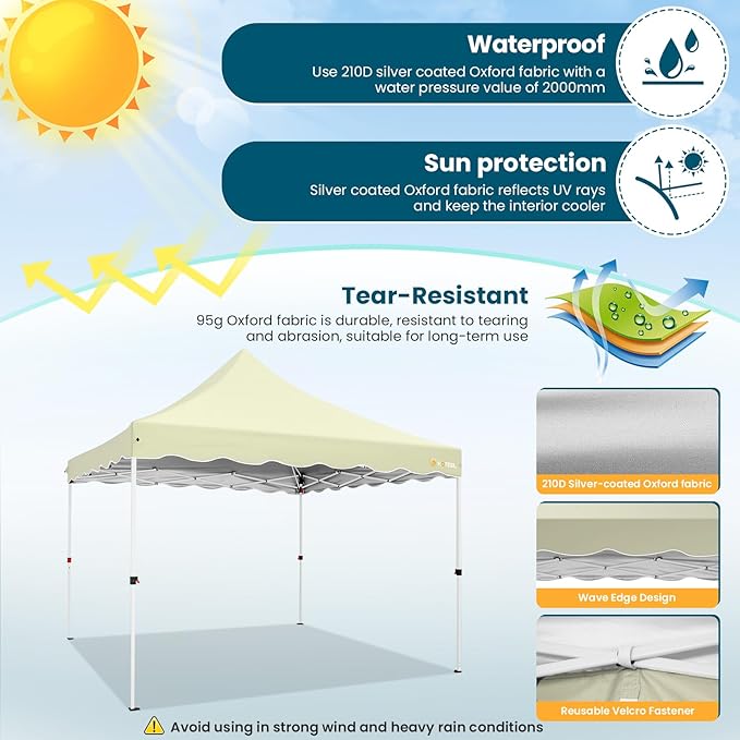 HOTEEL 10x10 Pop Up Canopy, Easy Setup Party Tent with Carry Bag, Weight Bag, Outdoor Portable Event Shelter for Backyard, Market, Khaki