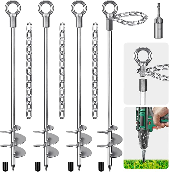 30'' Ground Anchors Screw in with Chain, Heavy Duty Trampoline Stakes, 4pcs Trampoline Anchors, Mobile Home Anchors for Camping Tents, Carports, Sheds, Swing Sets
