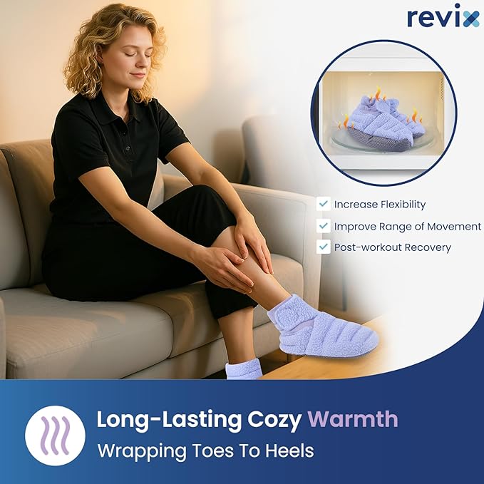 REVIX Microwavable Foot Warmers, Heated Booties for Cold Feet & Discomfort Relief, Microwavable Slippers with Adjustable Fit and Non-Slip Sole for Women & Men, Purple S