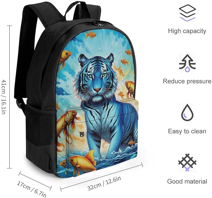 Daypack Backpack Anti-Theft Multipurpose Big Capacity Bookbag, Trippy Tiger Goldfish Business Computer Bag With Side Pockets