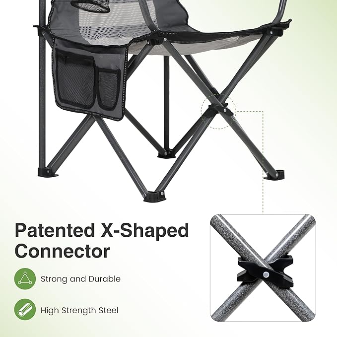 LET'S CAMP 2 Pack Mesh Back Camping Chair Portable Folding Heavy Duty Outdoor Chair Support 330 LBS Durable Large Arm Chair with Cup Holder and Carry Bag for Camp, Fishing, Hiking, Black