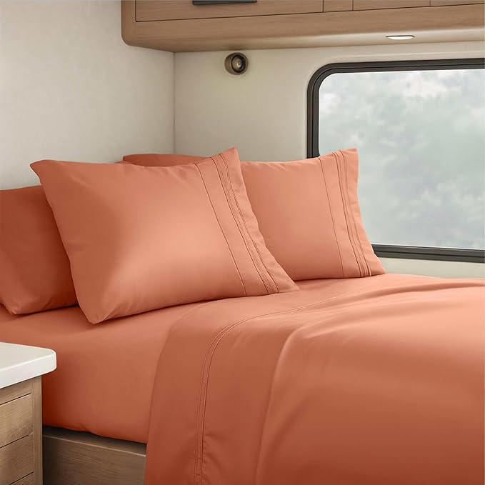 Hearth & Harbor Short Queen Sheets for RV, Rust RV Queen Sheets, Silky Soft 1800 Microfiber Bed Sheet for Camper, 4 Piece RV Bedding with Pillowcases