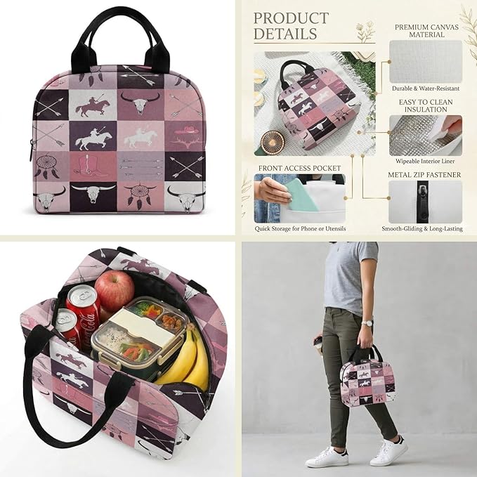 Western Retro Denim Insulated Lunch Bag Bear Deer Bird Nature Landscape Cactus Thermal Tote Portable Size (05)