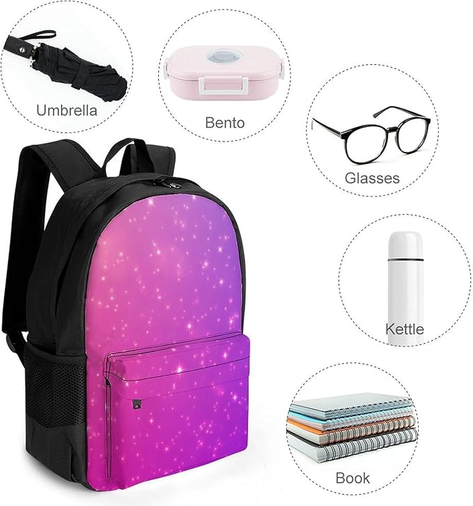Polyester Daypack Bookbag for Gym Business Bicycle, Large Capacity Multipurpose Anti-Theft Carry On Bag, Purple Pink Glitter Pattern Travel Hiking Daypack