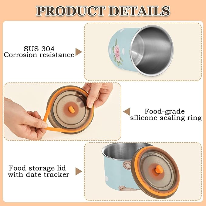 Bear and Rose Food Storage Containers Reusable Stainless Steel Containers with Lids 500ML Storage Jars for Cereal, Dry Food, Coffee