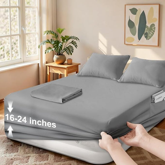 SPRINGSPIRIT Deep Pocket Sheets Queen Sheet Sets for Air Mattress with Pocket on Side, 4 Piece Sheet Set Queen Size Extra Deep Pocket up to 24’’, Grey