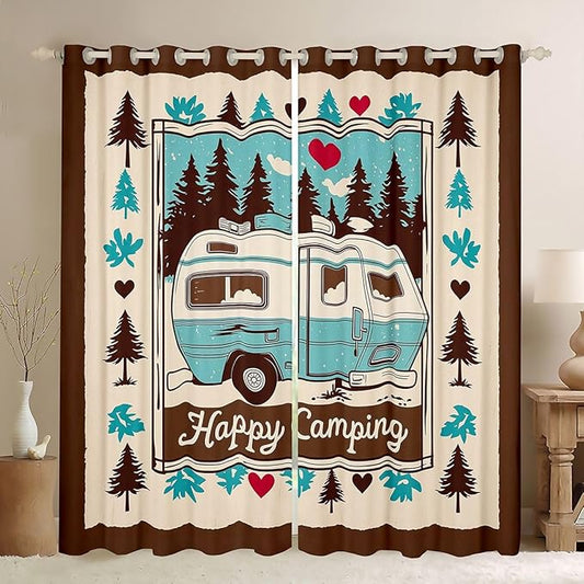 Erosebridal Camper Adventure Kids Window Drapes Happy Camping Rustic Cabin Blackout Curtains 38" Wx45 L Rv Pine Tree Nature Curtains for Bedroom Living Room,Brown Country Window Treatments 2 Panels