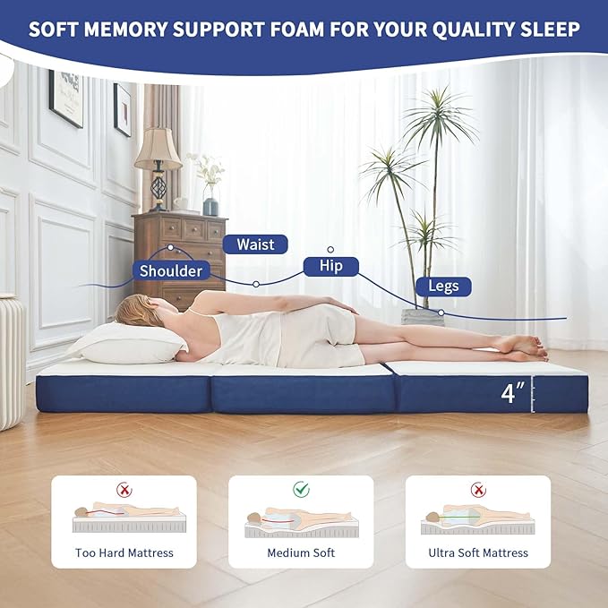 CYMULA Folding Mattress Single Size,4 inch Memory Foam Tri-Fold Single Floor Mattress Topper with Breathable & Washable Cover,Lightweight Foldable Mat for Camping,Naps and Guests(25"×75"×4")
