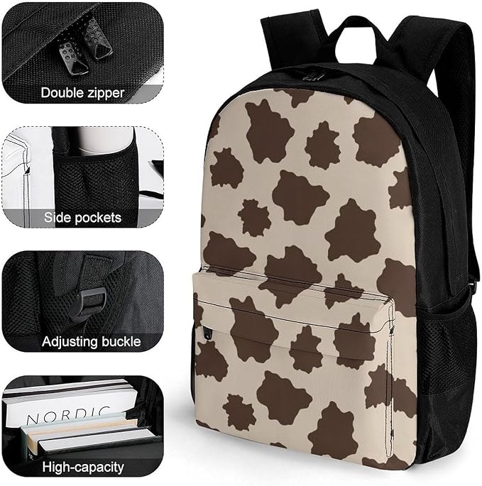 Supdreamc Lightweight Daypack Bookbag for Trekking Business Walking Cycling, Big Capacity Anti-Theft Multipurpose Carry On Bag, Cow Print Business Computer Bag