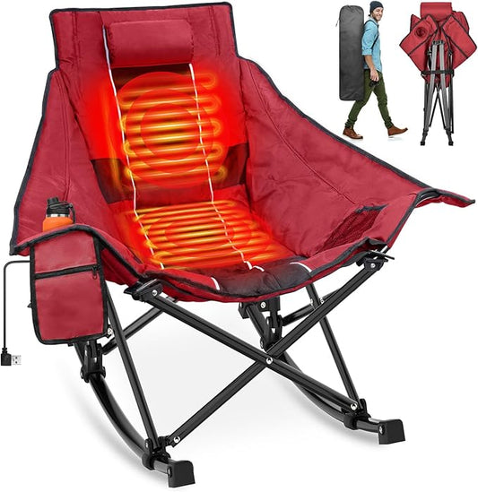 Suteck Heated Rocking Camping Chair - Fully Thicker Padded Heated Chairs for Outdoor Sports W/3 Heat Levels for Back & Seat, Heated Folding Chair for Adults with Carry Bag- Battery NOT Included