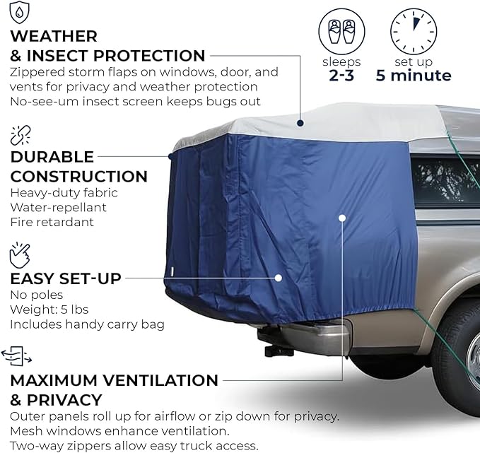 Truck Bed Tent for Caps– Fits Ford F-150, Chevy Silverado, Toyota Tundra, Tacoma (2005+), Tailgate ≥ 58" – Converts Truck with Cap into Camping Tent