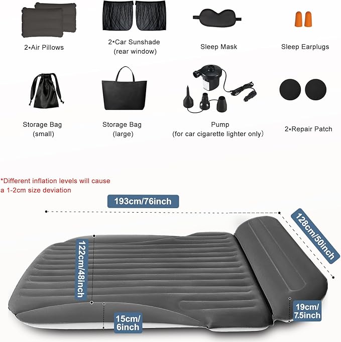 SUV Air Mattress, Double-Sided Thick Flocked Car Air Mattress with Built-in Pump & Pillow, Complete Sleeping Accessories for Auto Camping & Road Trips（Dark Coffee）