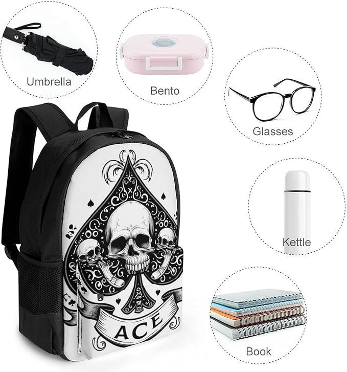 Backpack Anti-Theft Multipurpose Large Capacity Carry On Bag, Ace Spades Skulls Grunge Vintage Art Camping Outdoor Backpack With Side Pockets