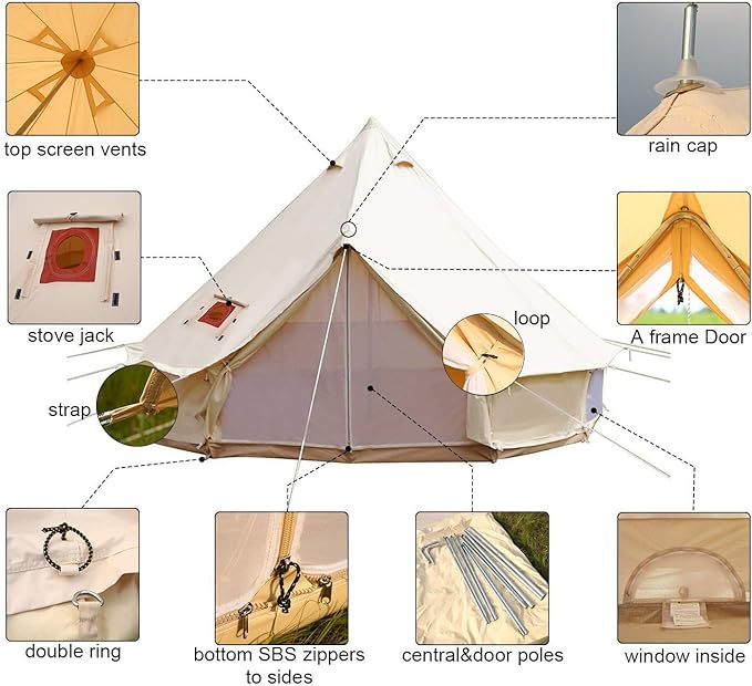 UNISTRENGH Luxury 4 Season Waterproof Cotton Canvas Bell Tent Large Glamping Tent Yurt Teepee with Roof Stove Jack Hole for Camping Hiking Christmas