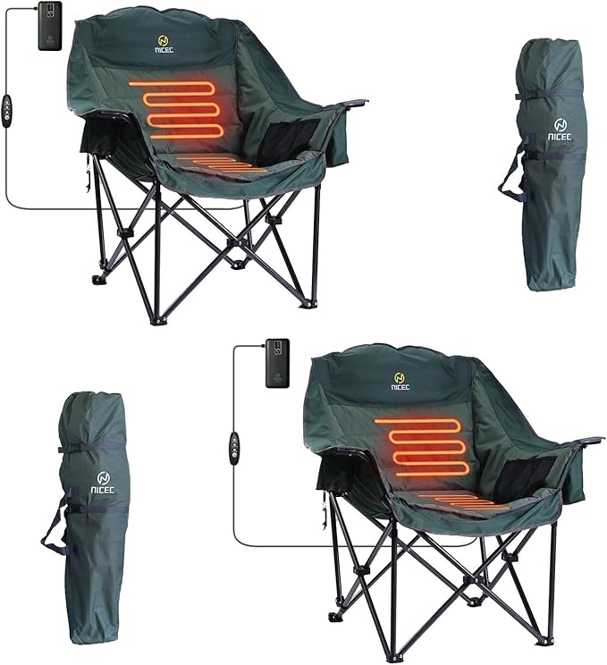 Nice C Heated Camping Chairs with Battery, Outdoor Heated Sports Chair, Oversized XL Padded Camping Chair, Wide&Thick, Heavy Duty 400lb, Carry Bag, Cup Holder & Cooler (Two Green)