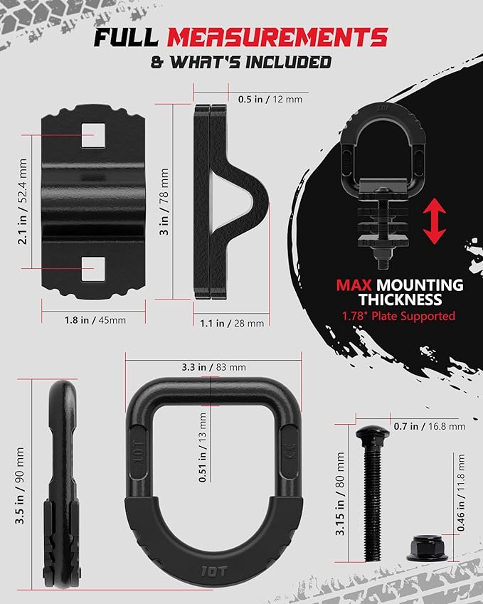 D-Ring Tie Down Anchors with Rubber Isolators, 4 Pack Heavy Duty 10 Ton Capacity Carbon Steel, Bolt-On with Mounting Hardware, Zinc & Powder Coated for Trailer, Truck, Pickup, Garage-Black