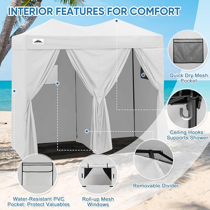 EAGLE PEAK Outdoor Changing Room 8x4, 2 Room Pop Up Portable Changing Room, Sun Shelter, Pop Up Changing Tent for Beach or Pool, Portable Dressing Room for Photoshoots (White)