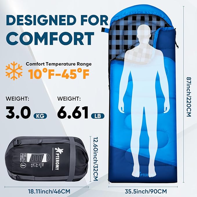 PTEROMY Sleeping Bags for Adults, Lightweight and Machine Washable, Water Resistant Backpacking Camping Sleeping Bag for Warm Cold Weather, Camping Essentials for Hiking Travel
