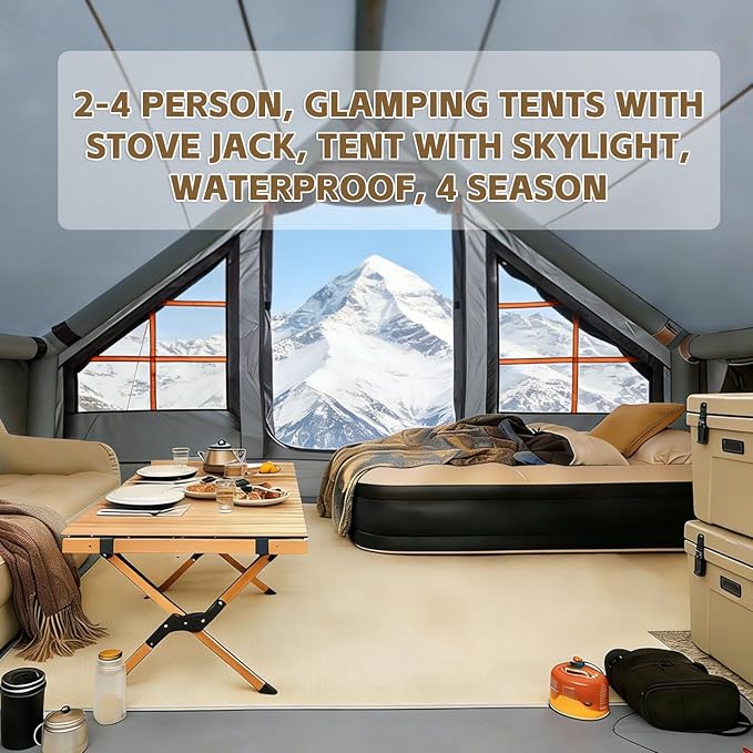Inflatable Tents with Hand Pump Hot Tent with Stove Jack Easy Blow Up Glamping Tent with Mesh Windows, 4-6 Person Instant Family Camping Tents Waterproof for 4 Seasons