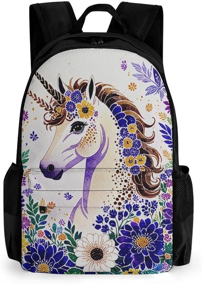 Supdreamc Polyester Daypack Backpack for Trekking Picnic Walking Cycling, Large Capacity Anti-Theft Multipurpose Shoulder Bag, Unicorn Purple Flower Casual Daypack
