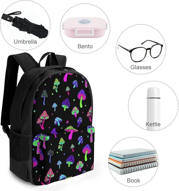 Men Women Lightweight Rainbow Colorful Neon Mushrooms Casual Daypack Big Capacity Bookbag With Padded Straps for Gym Travel Walking Cycling