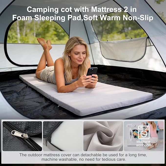 DoCred Oversized Folding Camping Cot with 2” Mattress, Heavy Duty Sleeping Cot for Adults, Portable Adults Outdoor Bed with Carry Bag, Travel Camp Cots