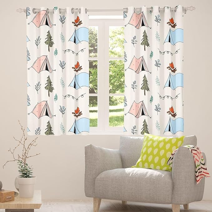 Feelyou Cute Beige Camping Camper Curtains for Bedroom Living Room Campfire Tent Blackout Shades Happy Camping Room Darkening Curtain Window Treatments, 2 Panels 38 x 54 Inch Decor