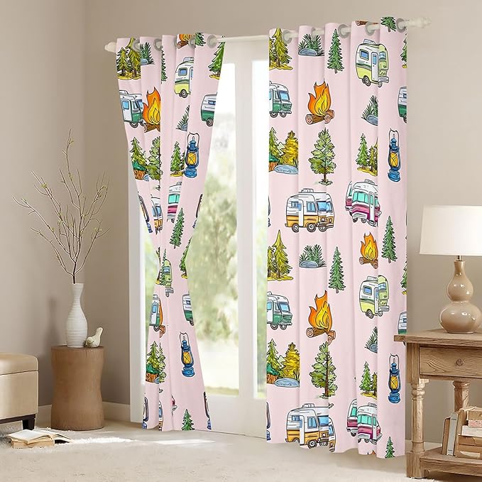Feelyou Vintage Pink Camper Blackout Curtains Rustic Camping Trailer Darkening Drapes for Bedroom Living Room Decor Camping Tree Theme Thermal Insulated Shades Window Treatments, 2 Panels 52 x 63 Inch