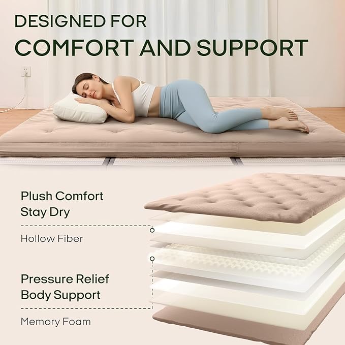 ZonLi Japanese Floor Futon Mattress Queen Size 80"x 60", 100% Cotton Cover 4'' Thicken Tatami Mattress, Foldable Sleeping Pad, Portable Dormitory Tatami Mat(Khaki)