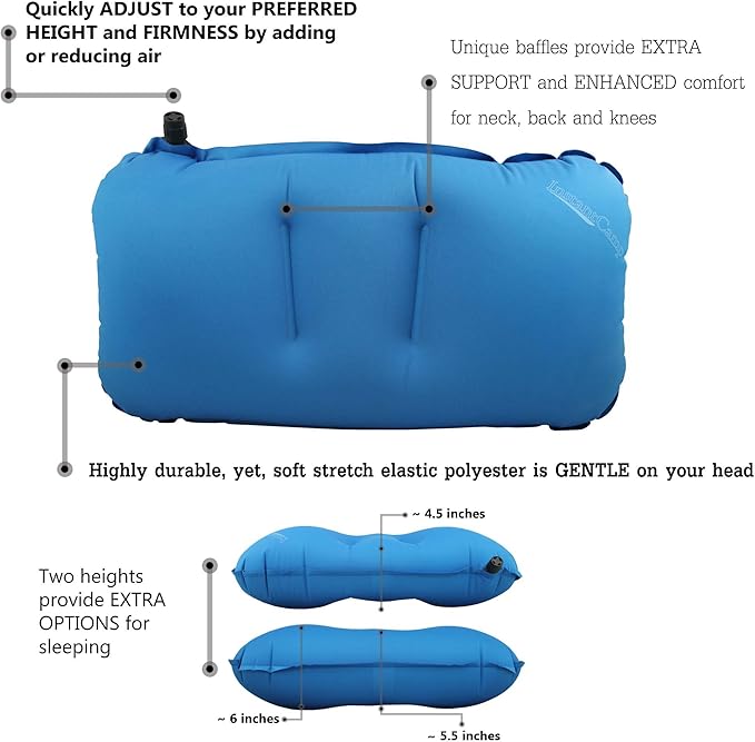 Ultra Lightweight Inflatable Backpacking Travel Camping Pillow - Compact, Comfortable, Ergonomic, Durable Used for Lumbar Support, Camp, Hike