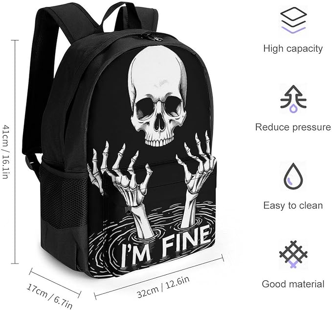 Supdreamc Lightweight Daypack Backpack for Sports Travel Running, Large Capacity Multipurpose Anti-Theft Bookbag, Funny Skull Head Fine Skeleton Laptop Backpack Daypack