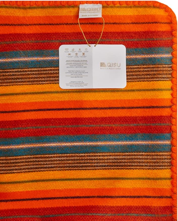 QISU Alpaca Wool Blanket Throw | Large, Beautiful, Warm, Variegated | 85 x 65 inches | Ultra-Soft, Hypoallergenic and Breathable | Non-Itchy or Scratchy Fabric (Orange Variegated)