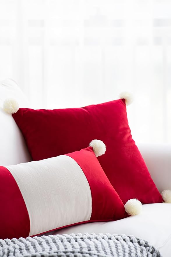 Hofdeco Premium Christmas Holiday Winter Soft Velvet Decorative Throw Pillow Cover ONLY for Couch, Sofa, Bed, Red Solid with pom poms, Red, 18"x18"