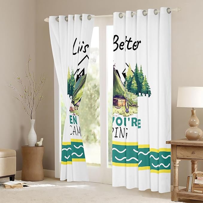 Happy Camping Adventure Window Drapes,Tent Pine Tree Nature Rustic Nursery Bedroom Playroom Decor,RV Trailer Camper Outdoor Girls Boys Room Decor,Green White 2 Panels,42Wx90L inch